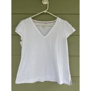 Boden White Eyelet Vneck Cap Sleeve Slub Cotton Tee Tshirt Shirt Womens Large